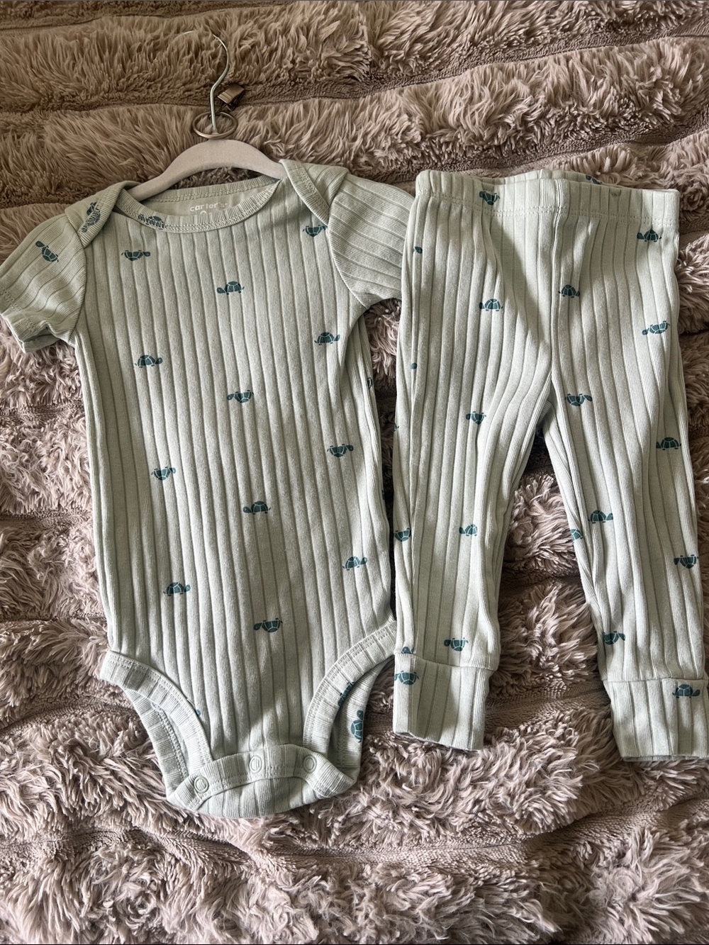 Carter's Light Sage Ribbed Bodysuit & Pants Set with Turtle Print